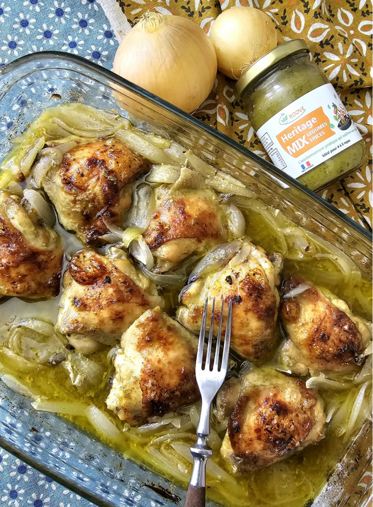 épices, manger, assaisonnement, roove, saveurs, recette, repas, légumes, cuisiner, légumes, poulet, haut de cuisse de poulet, poulet rôti, oignon, huile d'olive, condiment, assaisonner, healthy