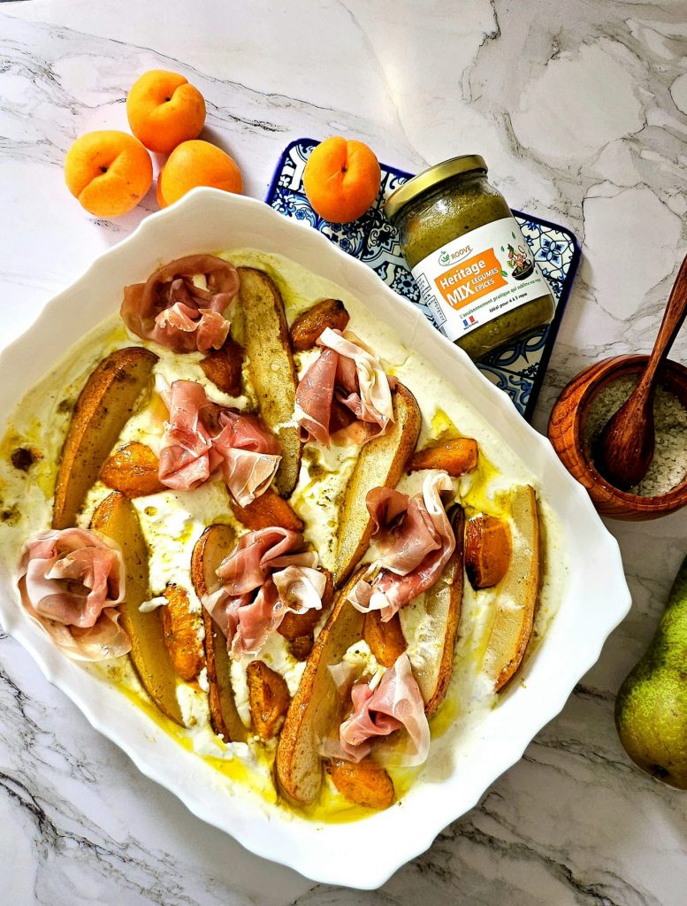 épices, manger, assaisonnement, roove, saveurs, recette, repas, légumes, cuisiner, fruits rôtis, condiment, assaisonner, abricot, poire, feta, yaourt grec, sel, condiment, assaisonner, healthy