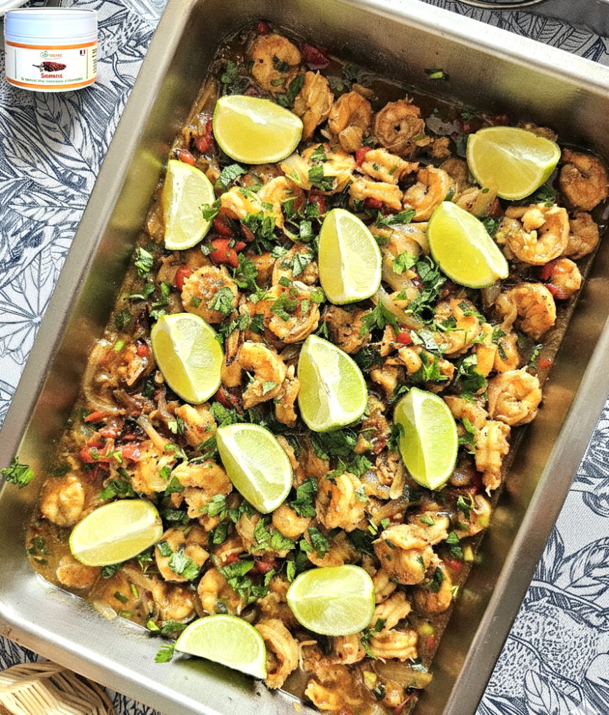 crevettes aux oignons - poivrons herbes de provence et sumac